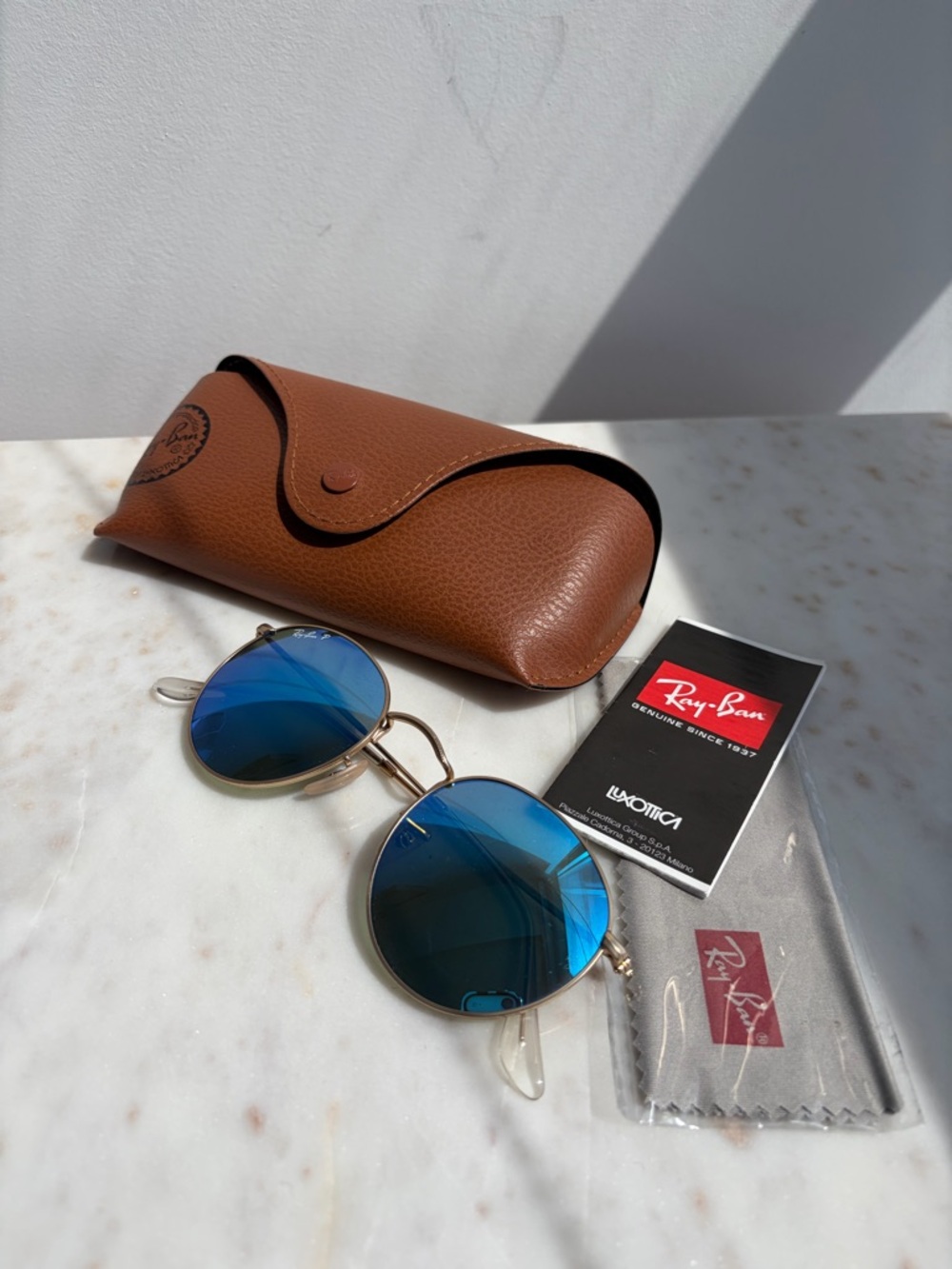 Ray-Ban Gold Frame Sunglasses with Blue Lenses
